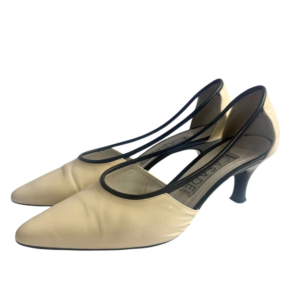 Casadei Vintage‎ Cream Patent Leather Black Trim Kitten Heel Pumps Italy Size 9